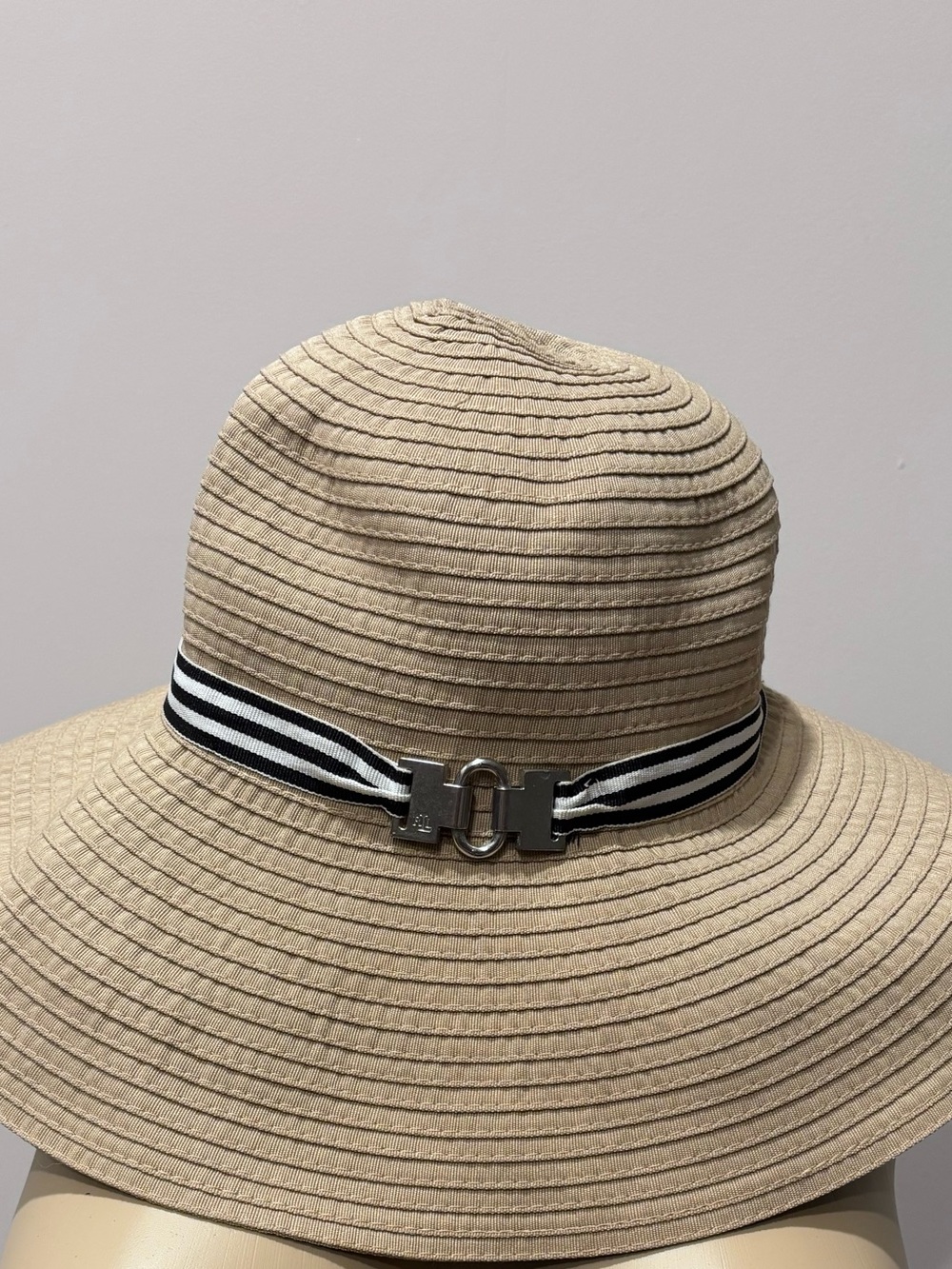 Lauren Ralph Lauren Beige Floppy Straw Hat with Navy & White Striped Band